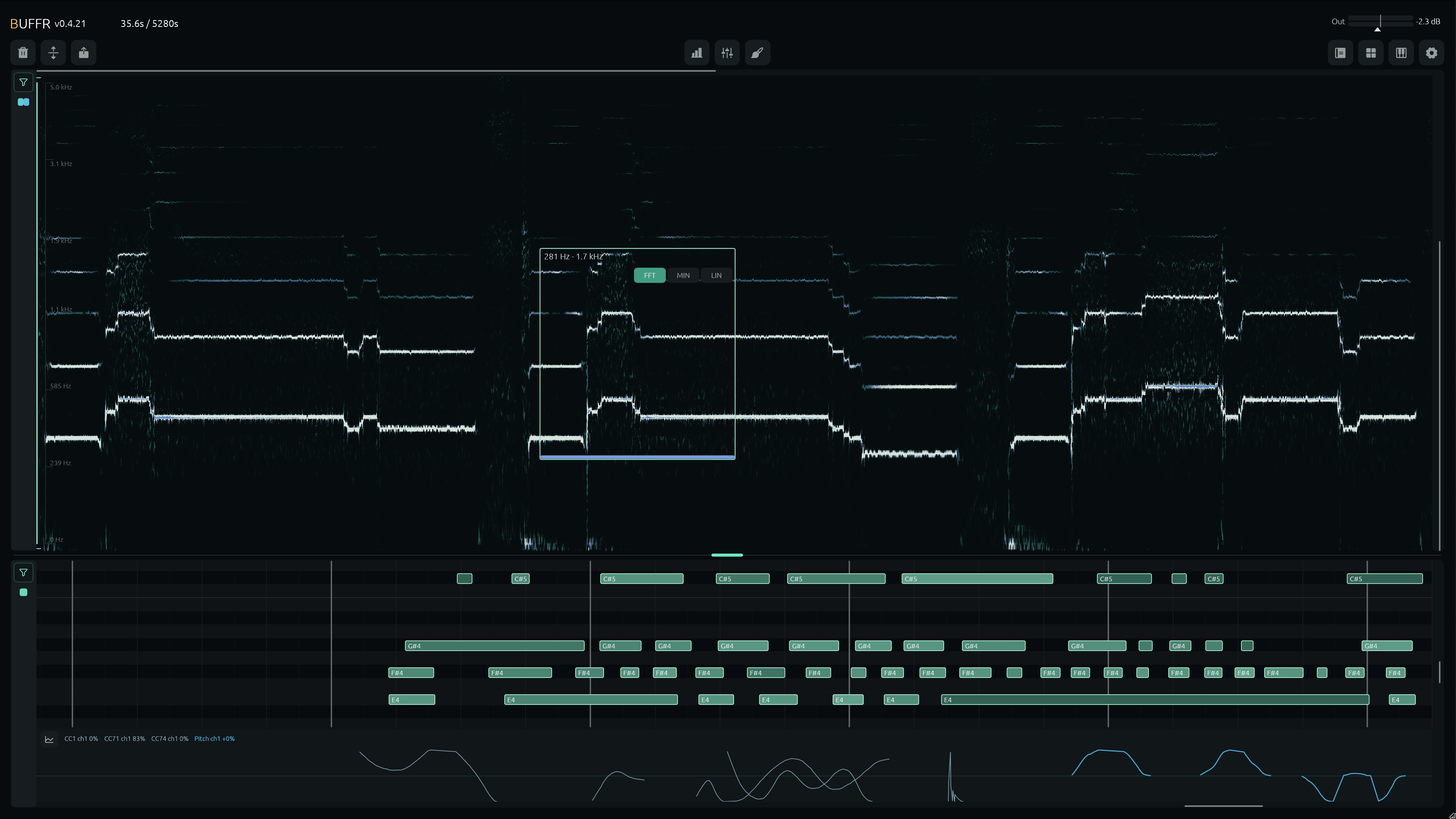 BUFFR interface showing full-song audio and MIDI capture, view 2.