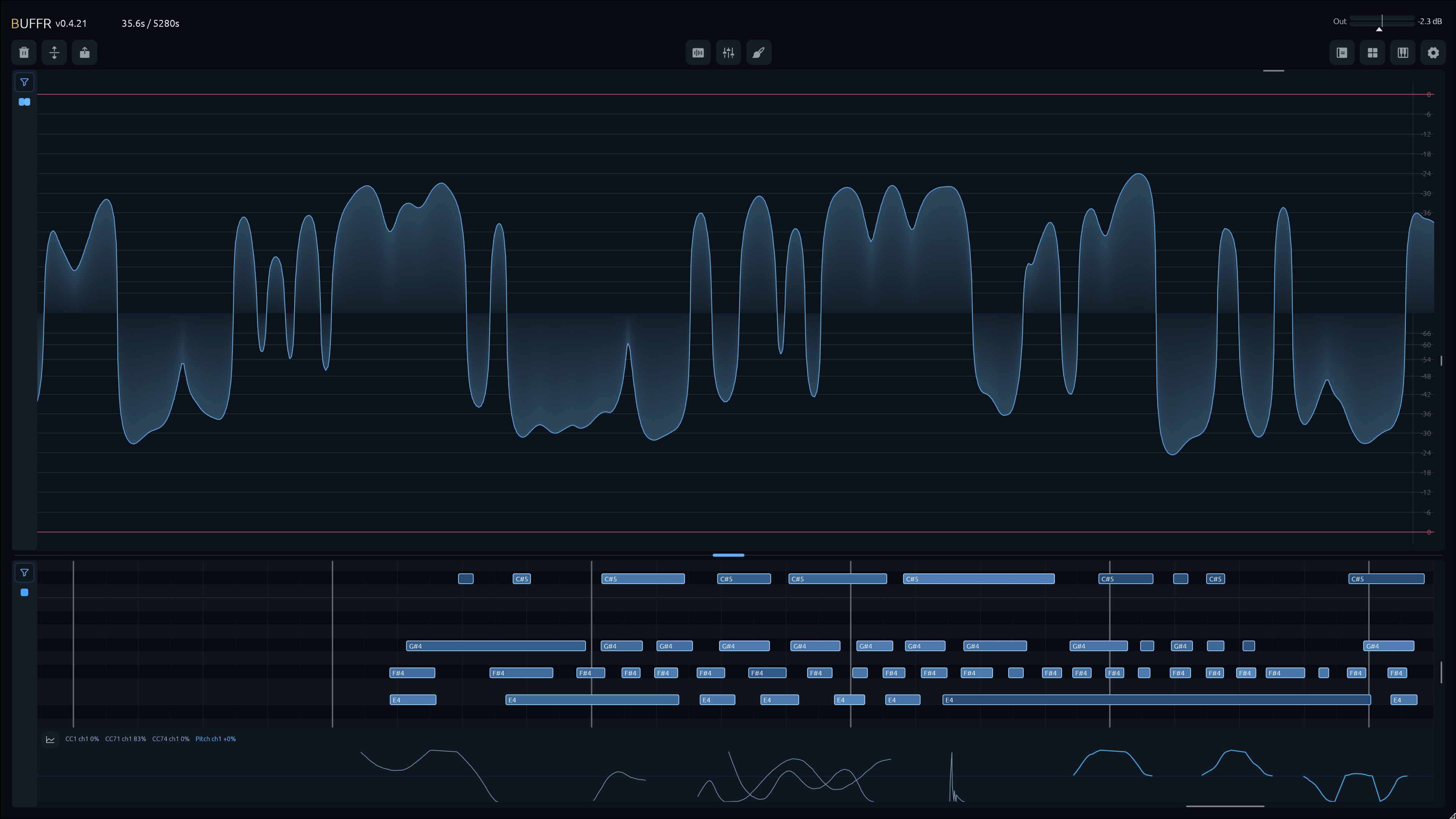 BUFFR interface showing full-song audio and MIDI capture, view 3.
