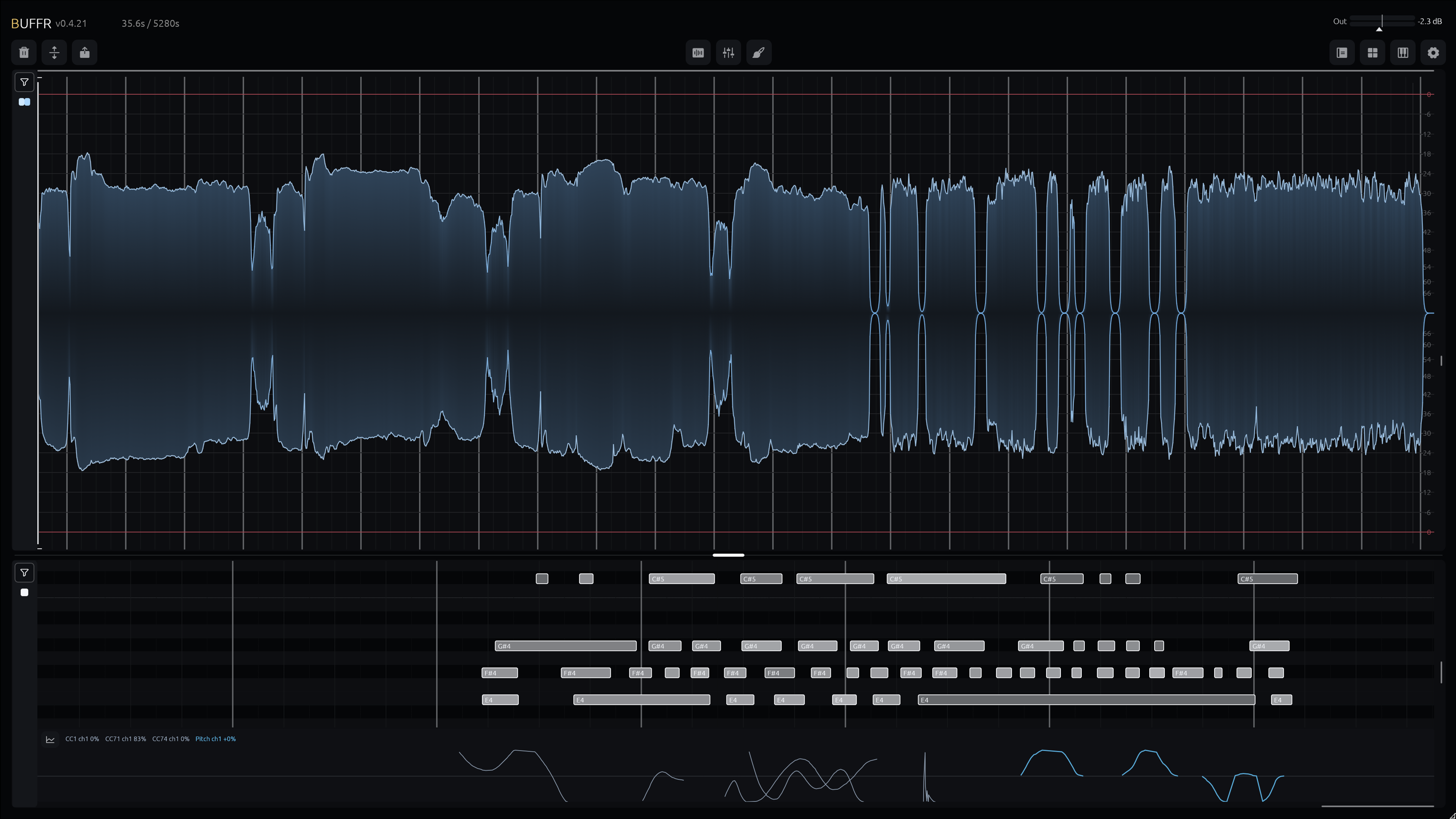 BUFFR interface showing full-song audio and MIDI capture, view 4.