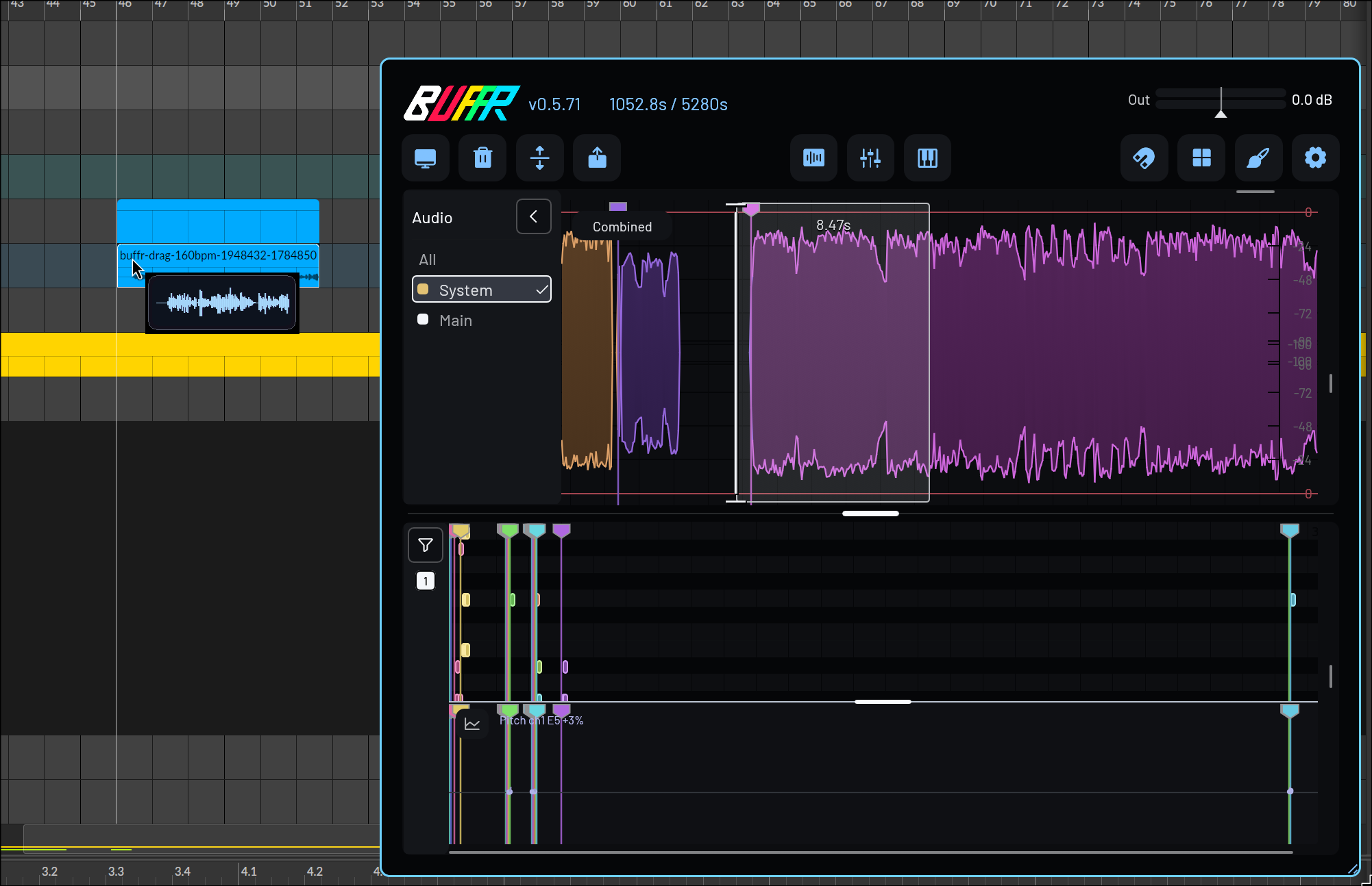 BUFFR interface showing full-song audio and MIDI capture, view 5.
