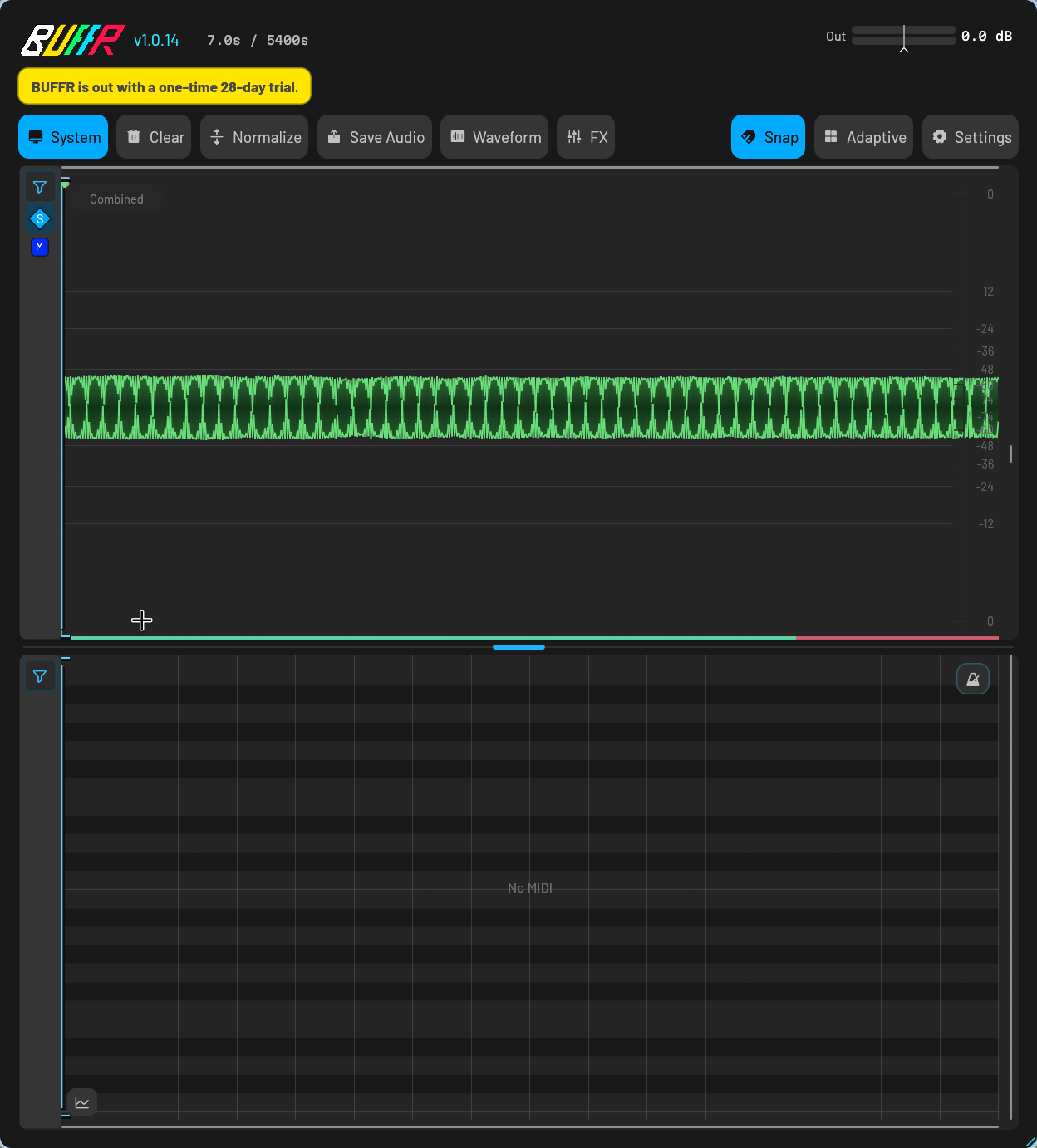 BUFFR 1.0.14 toolbar with System, Clear, Normalize, Save Audio, Waveform, FX, Snap, Adaptive, and Settings controls