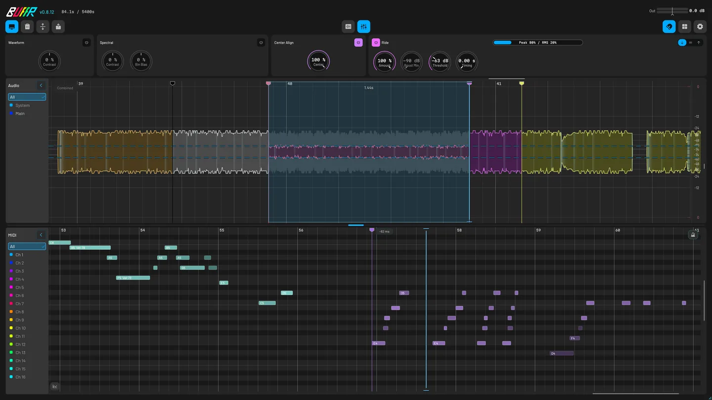 BUFFR showing linked multichannel audio and MIDI history with selected ranges, Center Align, and Ride controls