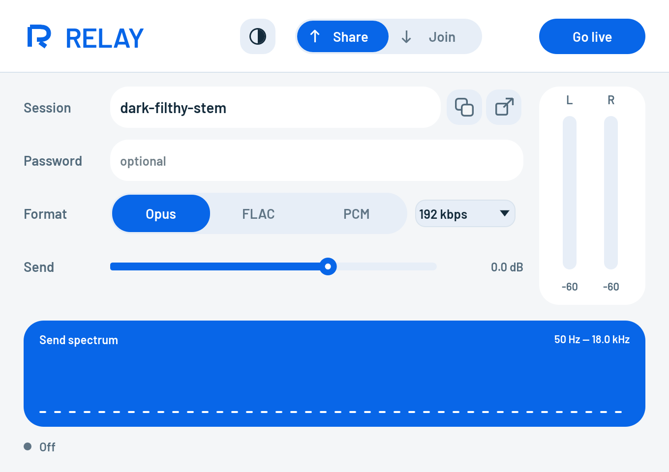 RELAY Share editor with session actions, a visible Send fader, vertical stereo meters and a blue frequency spectrum.
