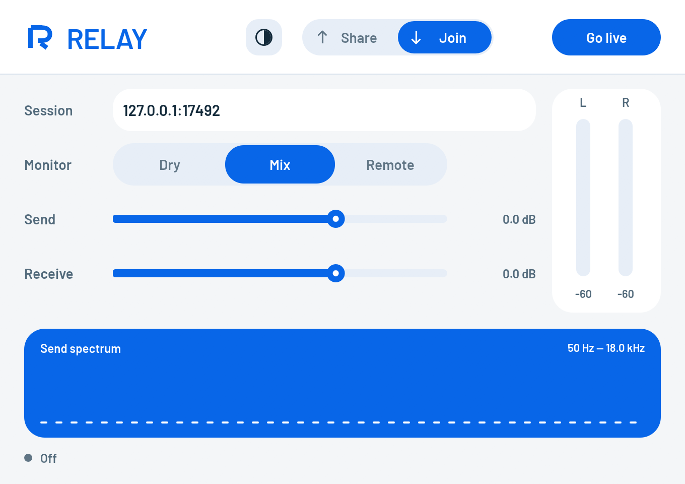 RELAY Join editor with session address, Dry/Mix/Remote monitoring, Send and Receive controls.